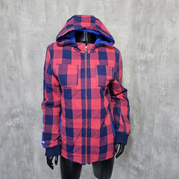 Scotch Shrunk Youth 14 Pink Blue Plaid Tartan Hoodie Hooded Lined Winter Jacket‎ - Picture 1 of 15
